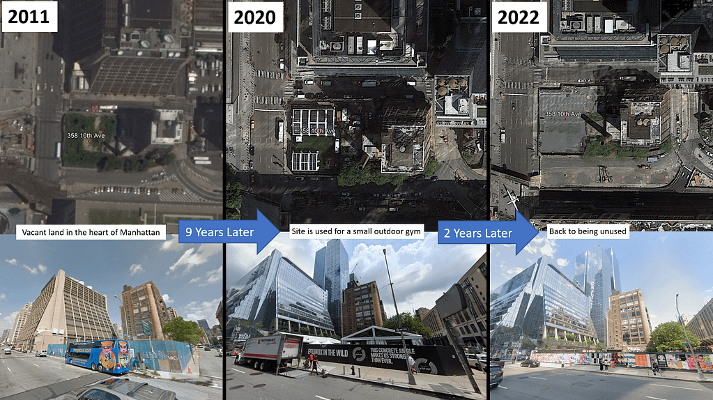 depicts a site in Manhattan going from vacant in 2011 to used for a small outdoor gym in 2020, to vacant again in 2022