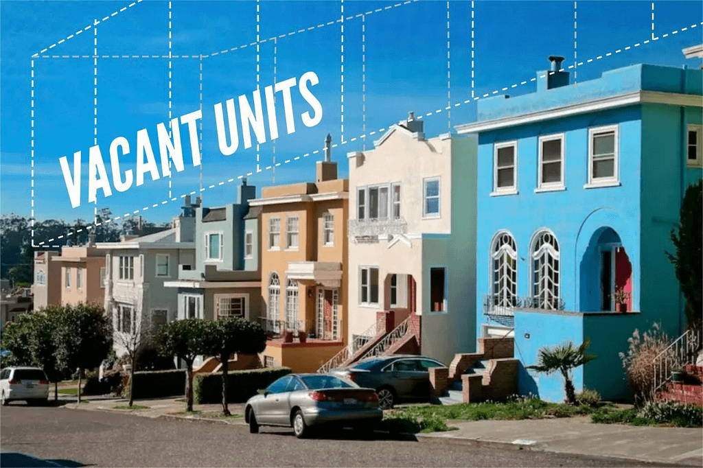 row of two story houses with a box above them labelled 'vacant units'