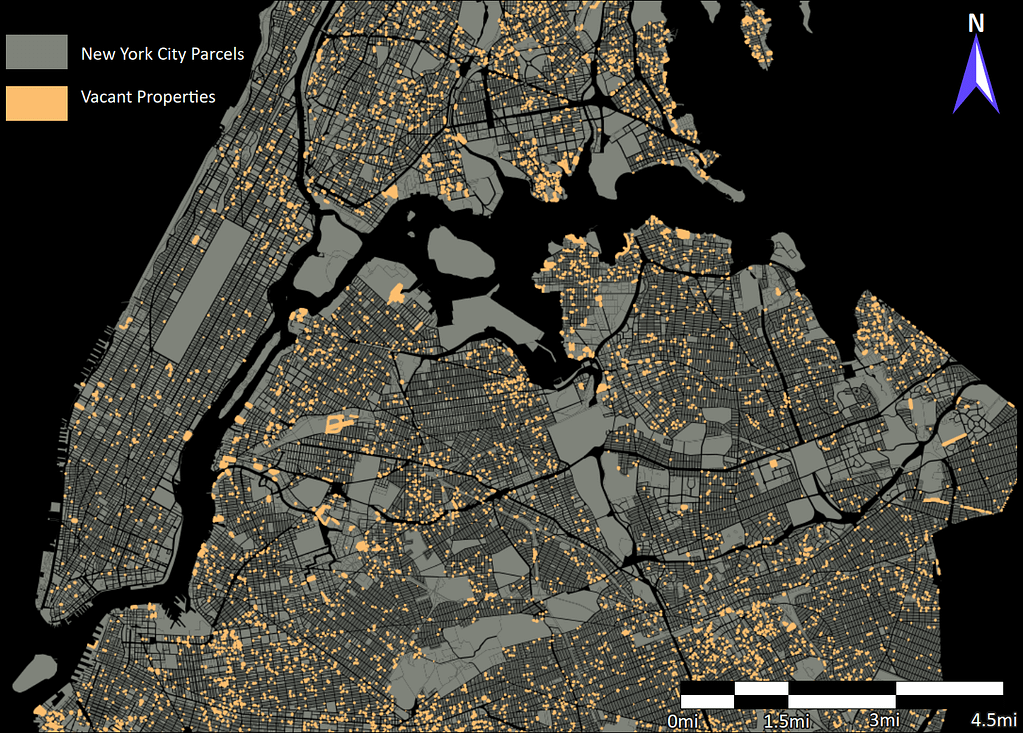 A map depicting hotspots of vacant land across NYC