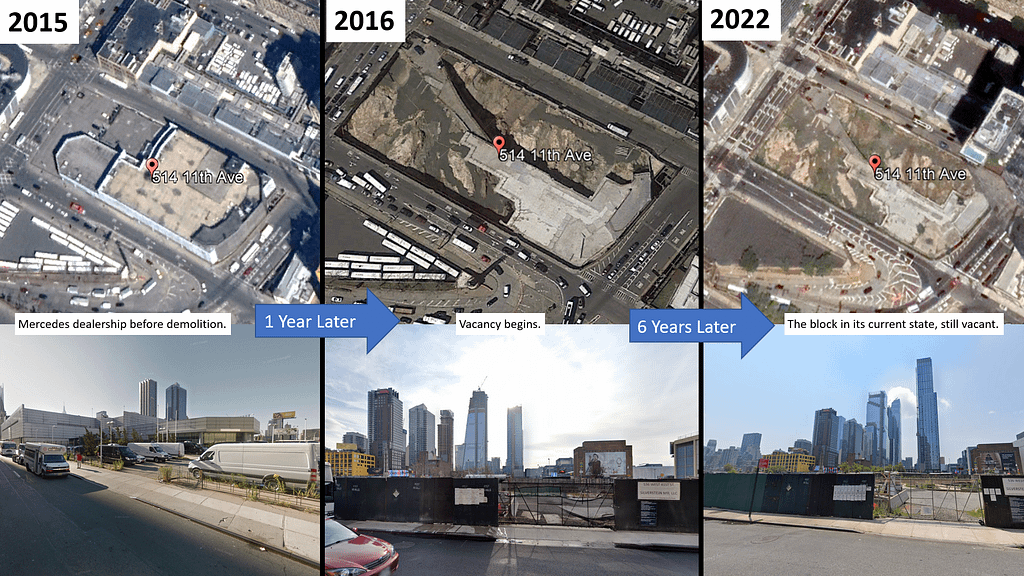 Aerial and street view images of 514 Eleventh Ave, demonstrating that it has been vacant for the better part of a decade