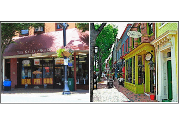 A side by side image of downtown establishments in Galax, Virginia (The Galax Smokehouse) and Alexandria, Virginia (The Vermilion Restaurant)